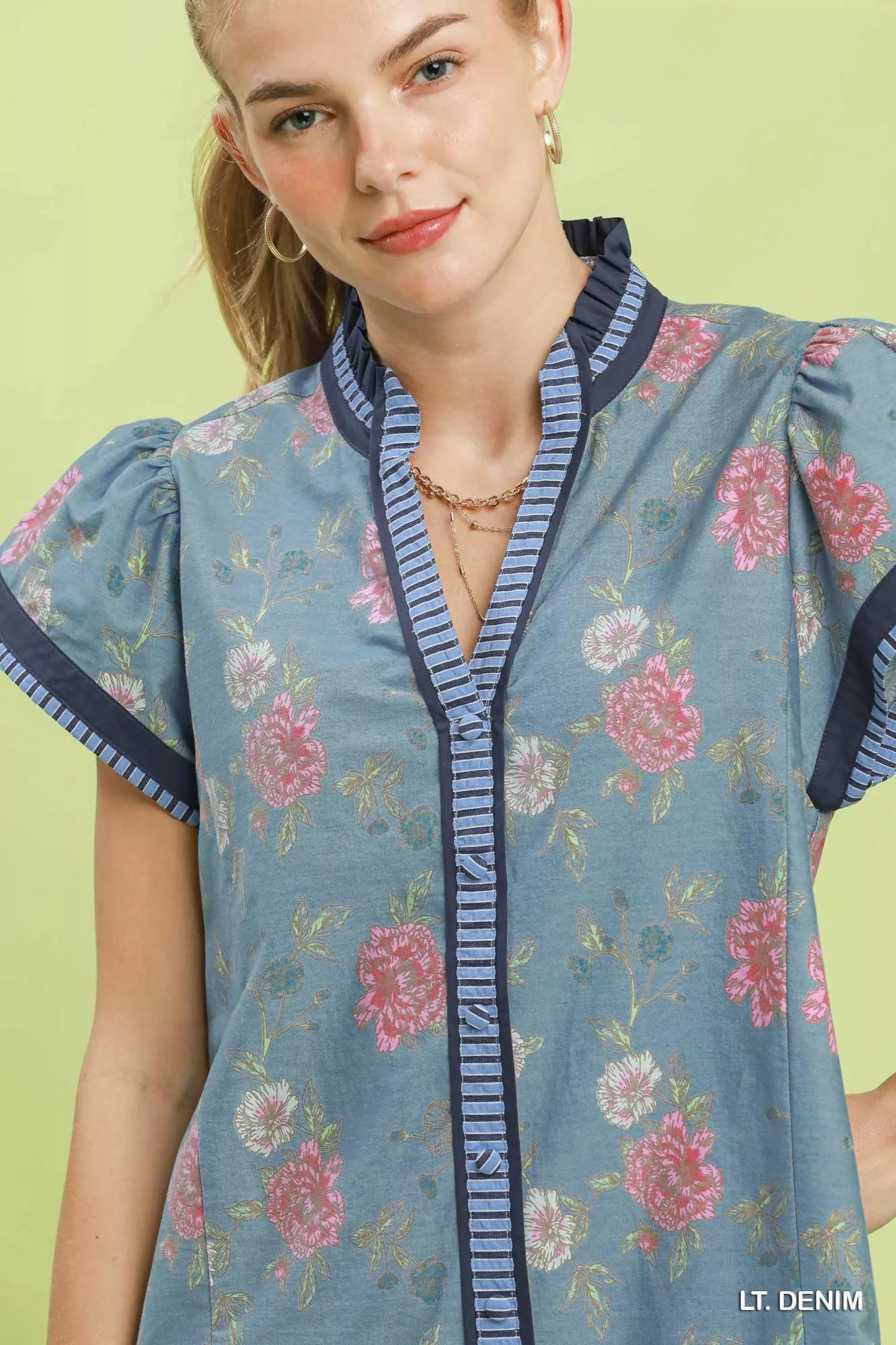 Umgee Floral Contrast Trim Ruffle Hem Mini Dress view 5 (dress) - umgee green floral dress, umgee blue  - shop at us.meeeshop