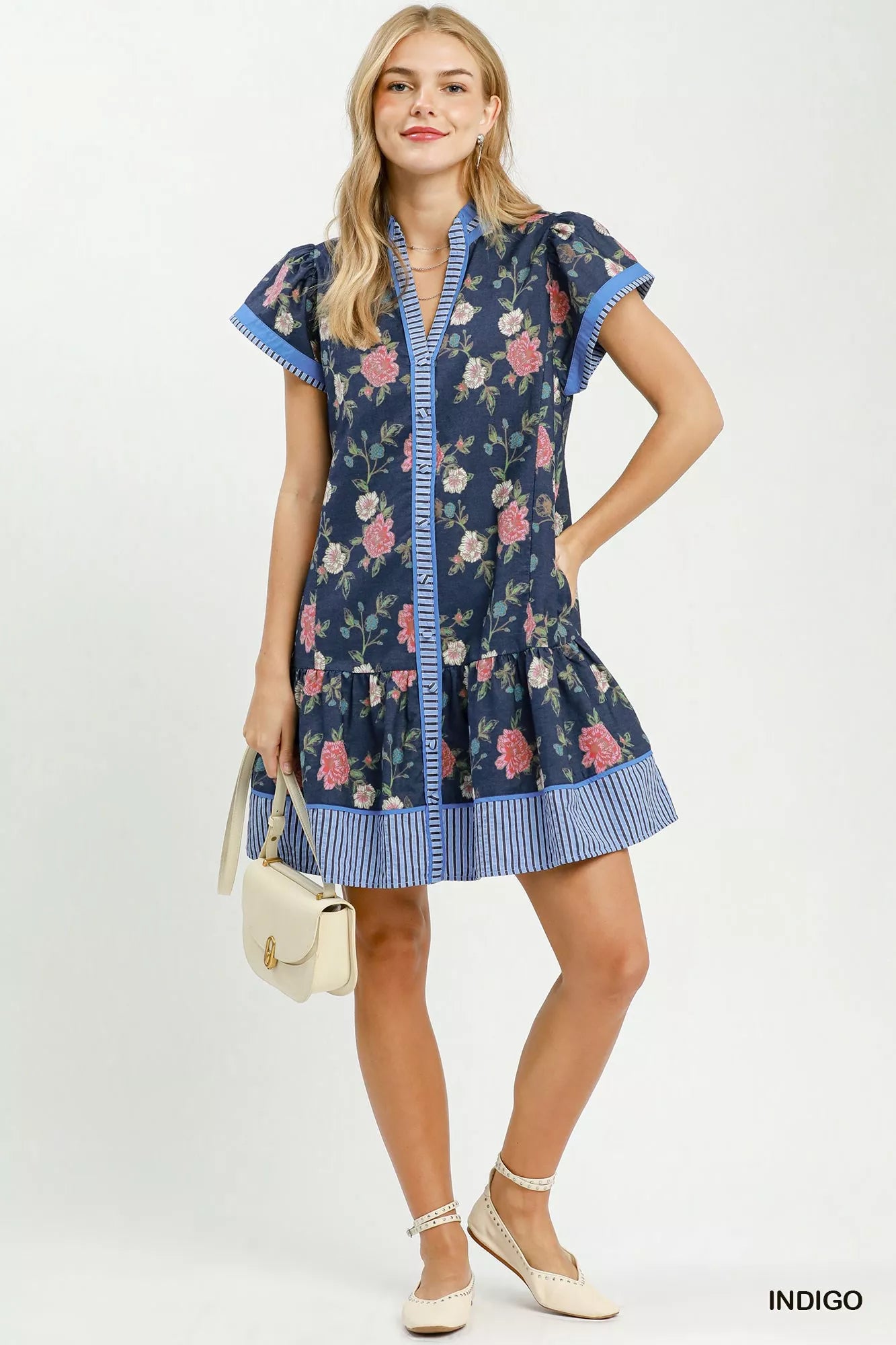 Umgee Floral Contrast Trim Ruffle Hem Mini Dress view 5 (dress) - umgee green floral dress, umgee blue  - shop at us.meeeshop