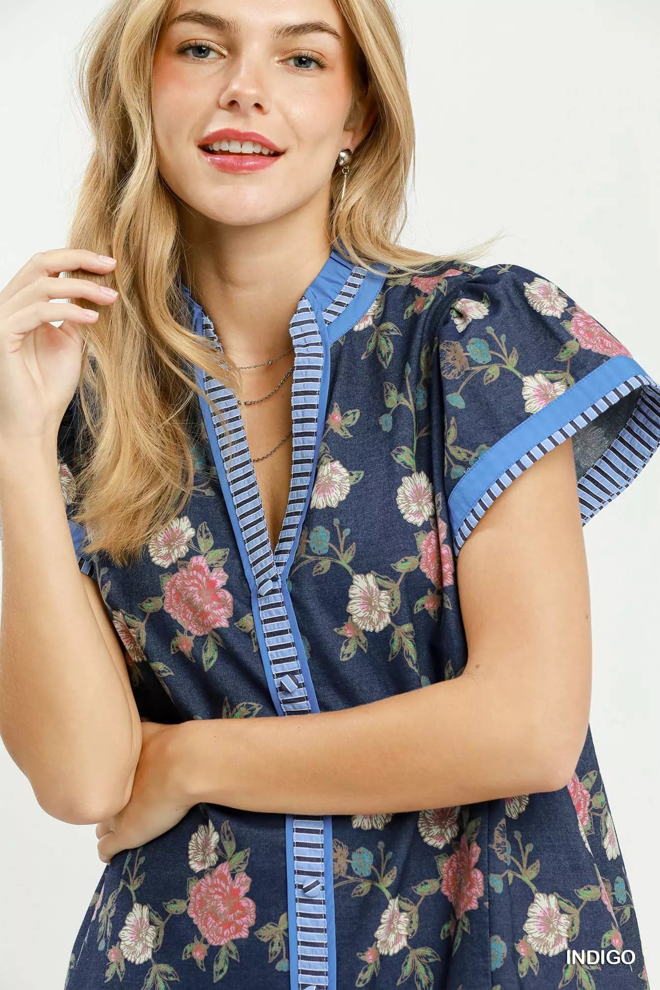 Umgee Floral Contrast Trim Ruffle Hem Mini Dress view 6 (dress) - umgee green floral dress, umgee blue  - shop at us.meeeshop