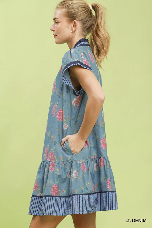 umgee floral contrast Umgee Floral Contrast Trim Ruffle Hem Mini Dress view 2 (dress) - shop at us.meeeshop