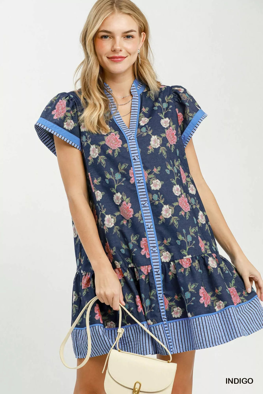 Umgee Floral Contrast Trim Ruffle Hem Mini Dress INDIGO (dress) - umgee green floral dress, umgee blue  - shop at us.meeeshop