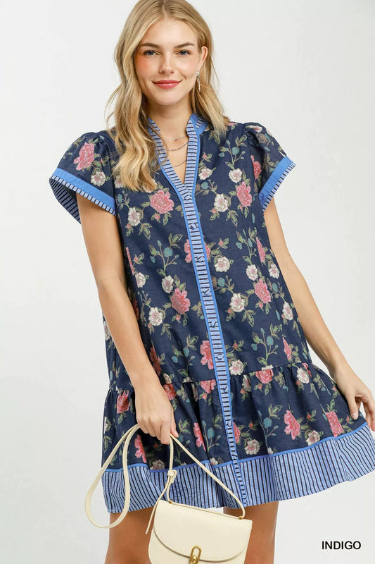 umgee floral contrast Umgee Floral Contrast Trim Ruffle Hem Mini Dress INDIGO (dress) - shop at us.meeeshop