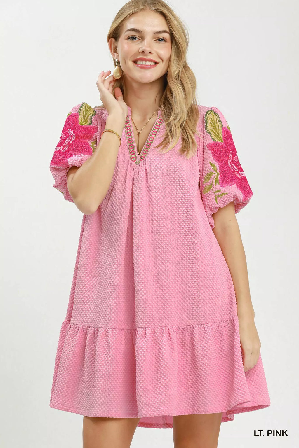 Umgee Floral Embroidered Textured Jacquard Dress LT. PINK (dress) - umgee green floral dress, umgee blu - shop at us.meeeshop