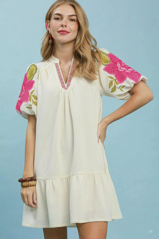 umgee floral embroidered Umgee Floral Embroidered Textured Jacquard Dress CREAM (dress) - shop at us.meeeshop