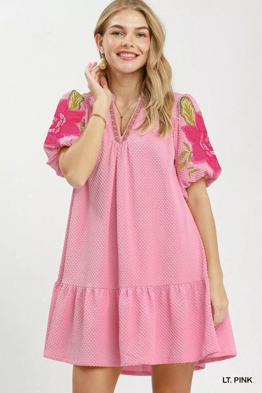umgee floral embroidered Umgee Floral Embroidered Textured Jacquard Dress LT. PINK (dress) - shop at us.meeeshop