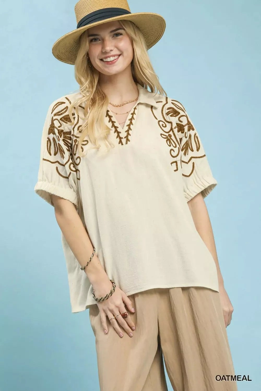 umgee floral embroidered Umgee Floral Embroidered Sleeve Blouse OATMEAL (top) - shop at us.meeeshop