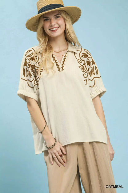 umgee floral embroidered Umgee Floral Embroidered Sleeve Blouse view 6 (top) - shop at us.meeeshop