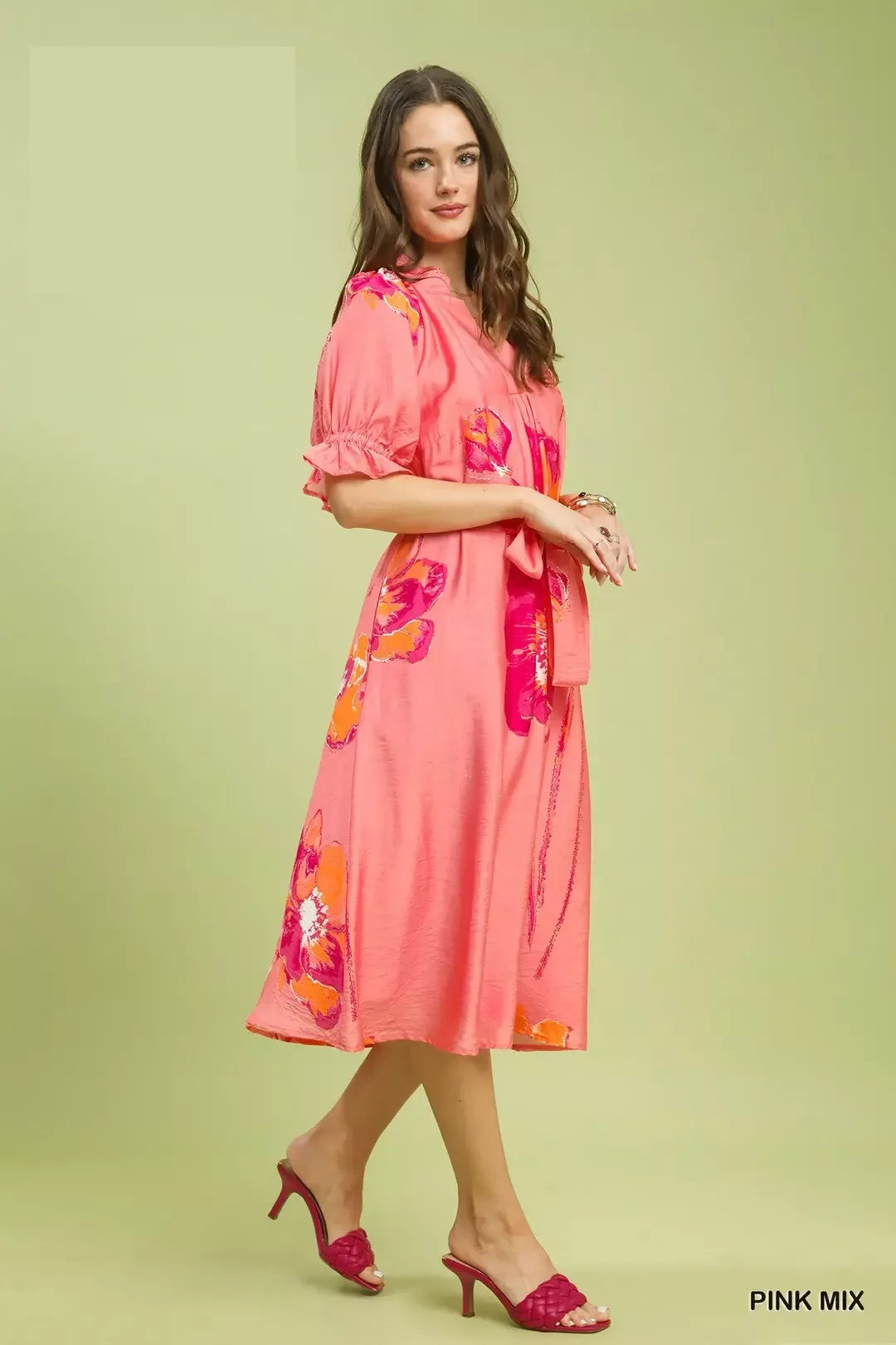 umgee floral flounce Umgee Floral Flounce Sleeve Midi Dress with Belted view 3 (dress) - shop at us.meeeshop