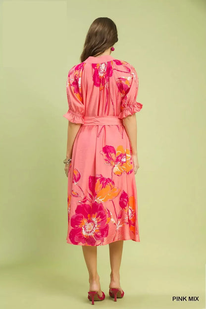 umgee floral flounce Umgee Floral Flounce Sleeve Midi Dress with Belted view 4 (dress) - shop at us.meeeshop