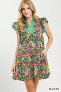 Umgee Floral Flutter Sleeve Tiered Mini Dress BLACK MIX (dress) - umgee green floral dress, umgee blue  - shop at us.meeeshop
