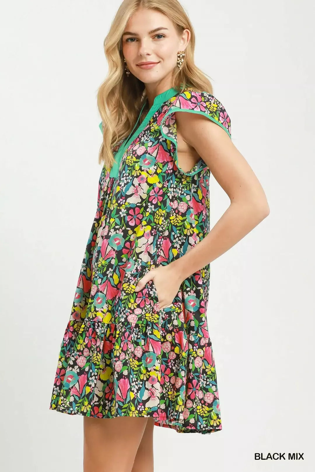 umgee floral flutter Umgee Floral Flutter Sleeve Tiered Mini Dress view 2 (dress) - shop at us.meeeshop