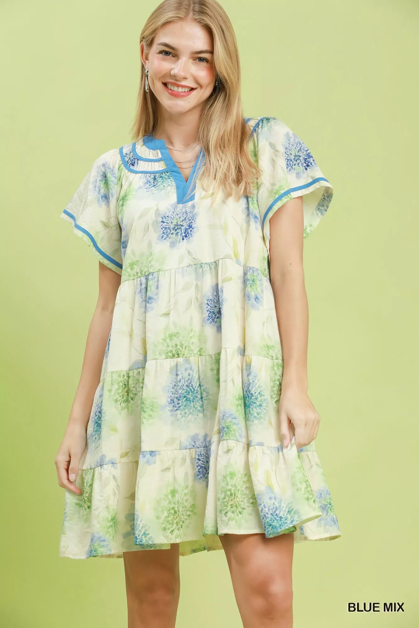 umgee floral print Umgee Floral Print Contrast Trim Tiered Babydoll Dress BLUE MIX (dress) - shop at us.meeeshop