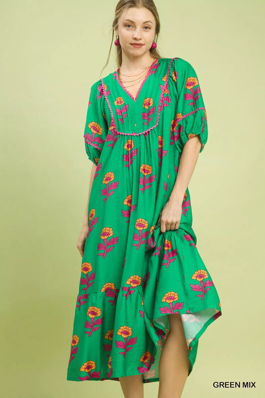 umgee floral print Umgee Floral Print Midi Dress GREEN MIX (dress) - shop at us.meeeshop