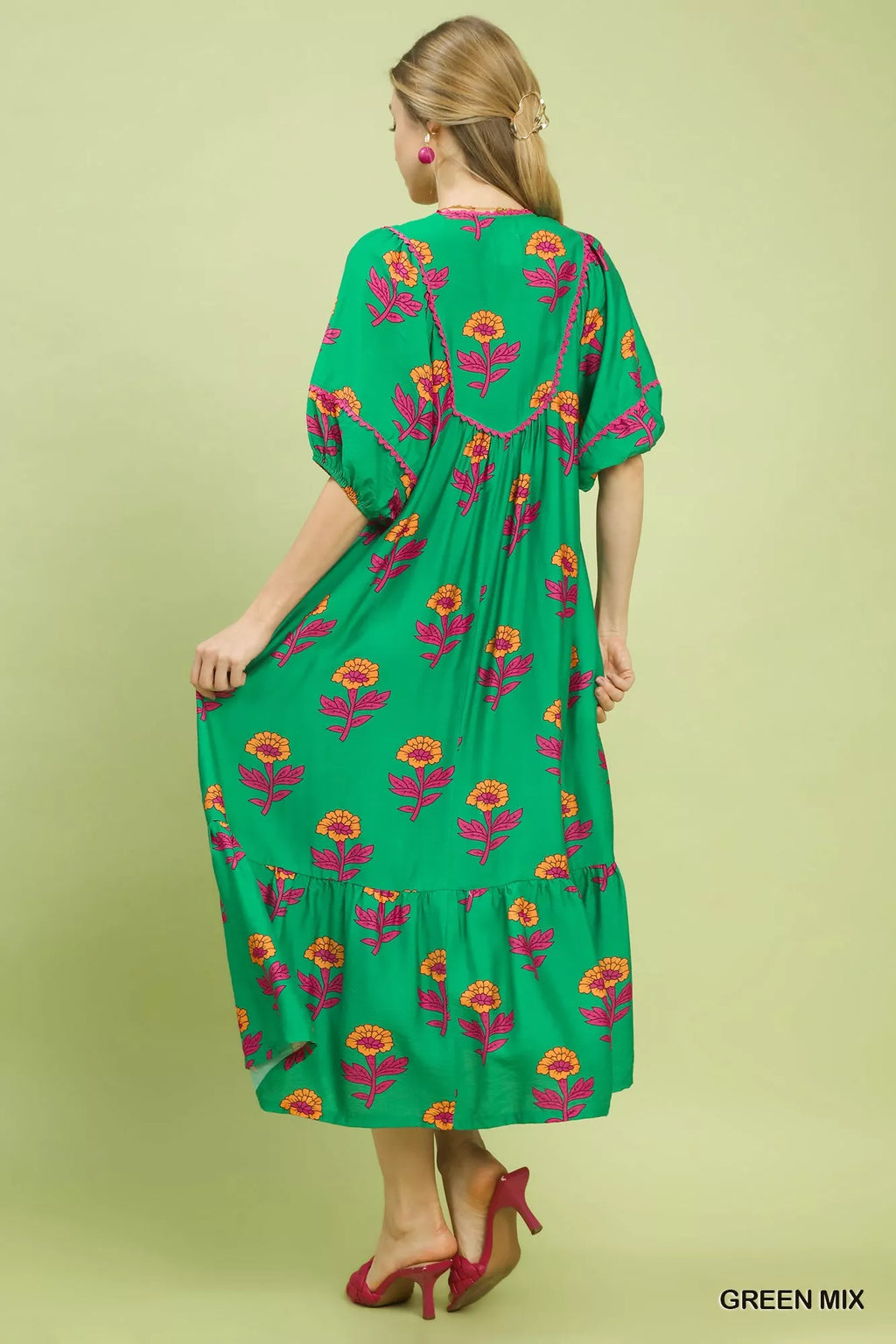 Umgee Floral Print Midi Dress GREEN MIX view 3 (dress) - umgee green floral dress, umgee blue floral dr - shop at us.meeeshop