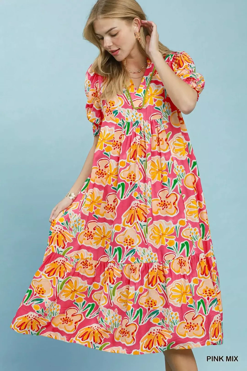 Umgee Floral Print Puff Sleeve Tiered Midi Dress PINK MIX (dress) - umgee green floral dress, umgee blu - shop at us.meeeshop