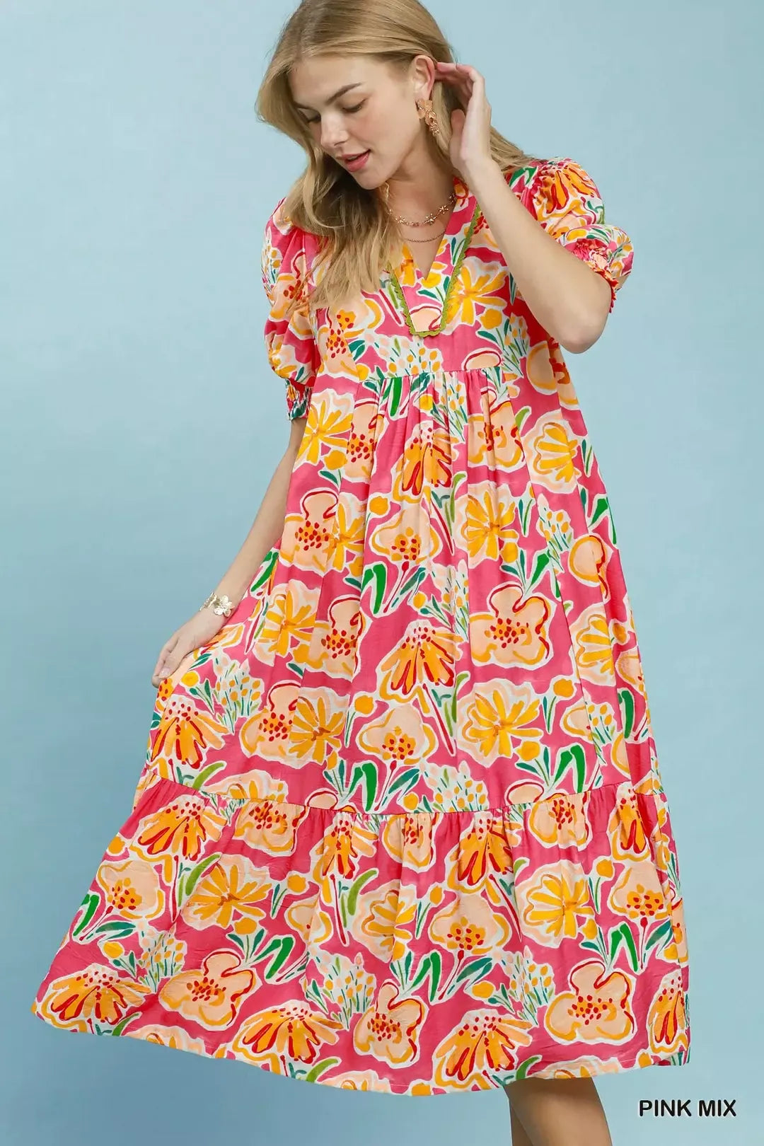 umgee floral print Umgee Floral Print Puff Sleeve Tiered Midi Dress PINK MIX (dress) - shop at us.meeeshop