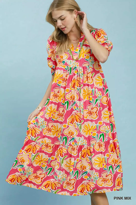 umgee floral print Umgee Floral Print Puff Sleeve Tiered Midi Dress PINK MIX (dress) - shop at us.meeeshop