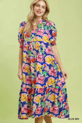 Umgee Floral Print Puff Sleeve Tiered Midi Dress BLUE MIX (dress) - umgee green floral dress, umgee blu - shop at us.meeeshop