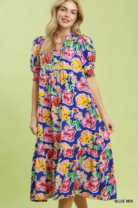 umgee floral print Umgee Floral Print Puff Sleeve Tiered Midi Dress BLUE MIX (dress) - shop at us.meeeshop