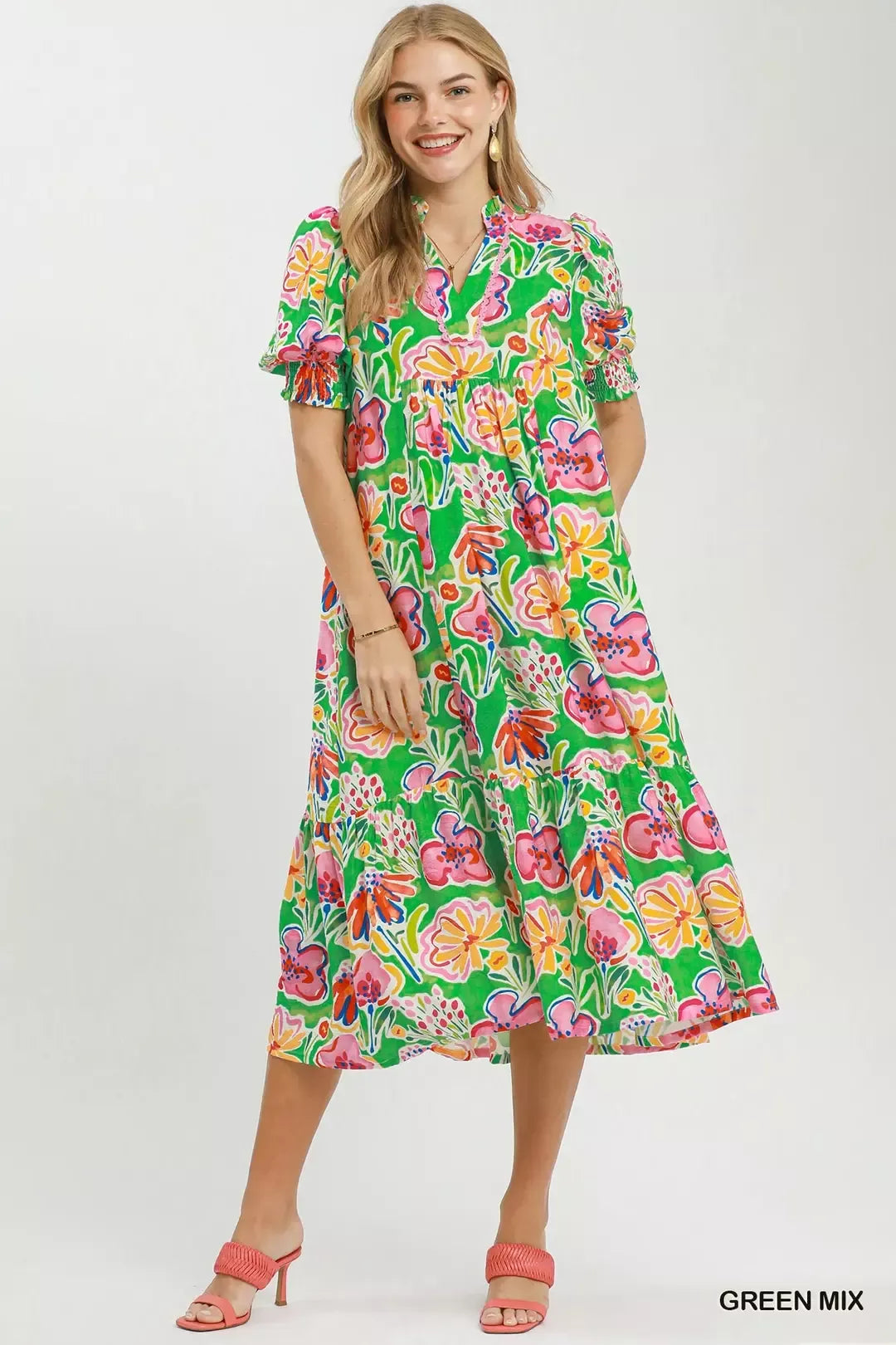 umgee floral print Umgee Floral Print Puff Sleeve Tiered Midi Dress view 2 (dress) - shop at us.meeeshop