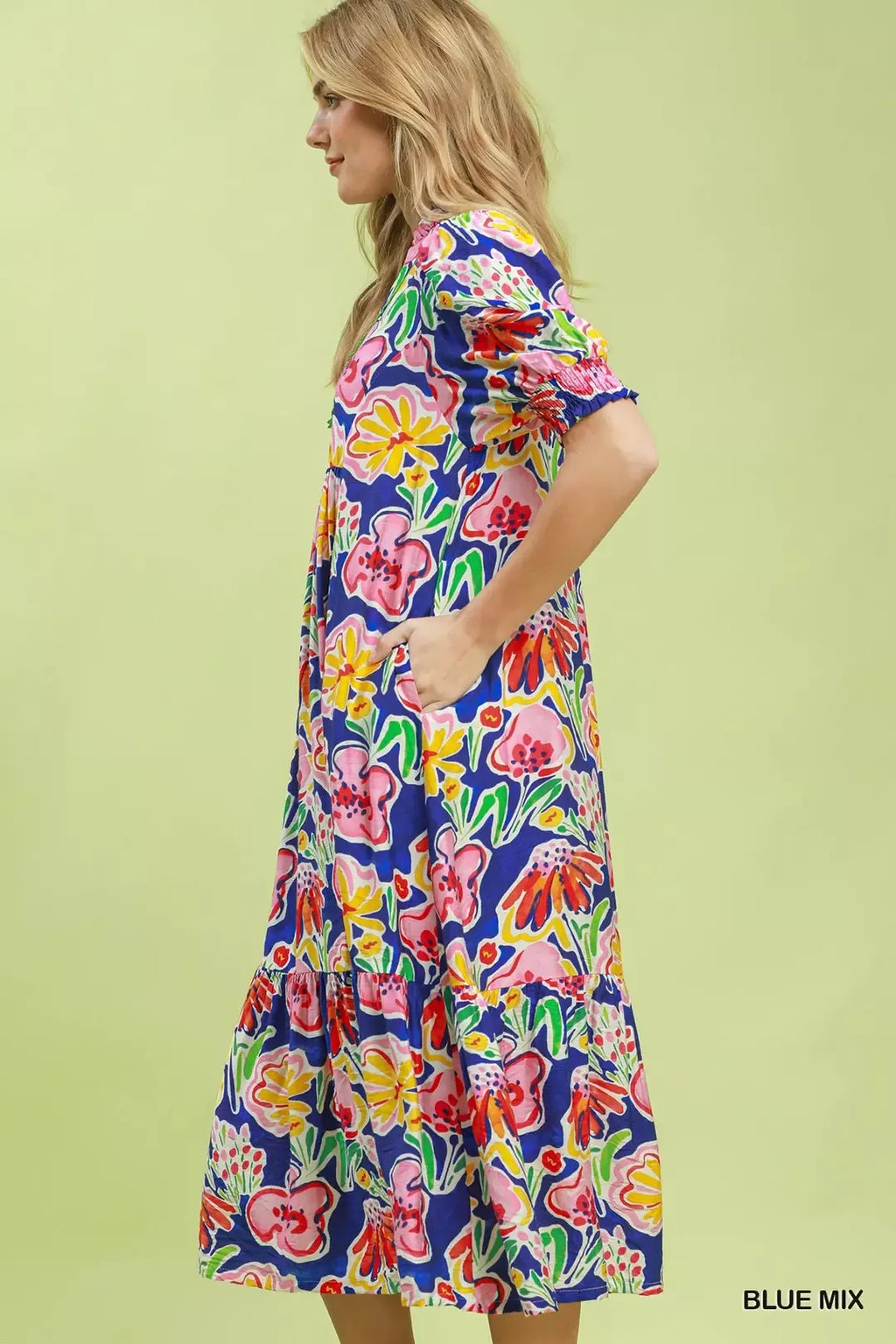 Umgee Floral Print Puff Sleeve Tiered Midi Dress BLUE MIX view 3 (dress) - umgee green floral dress, um - shop at us.meeeshop