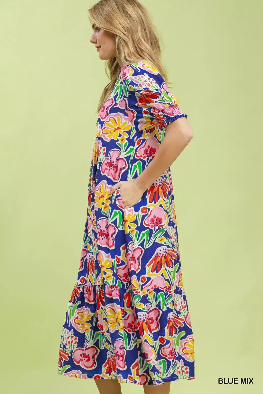 Umgee Floral Print Puff Sleeve Tiered Midi Dress BLUE MIX view 3 (dress) - umgee green floral dress, um - shop at us.meeeshop