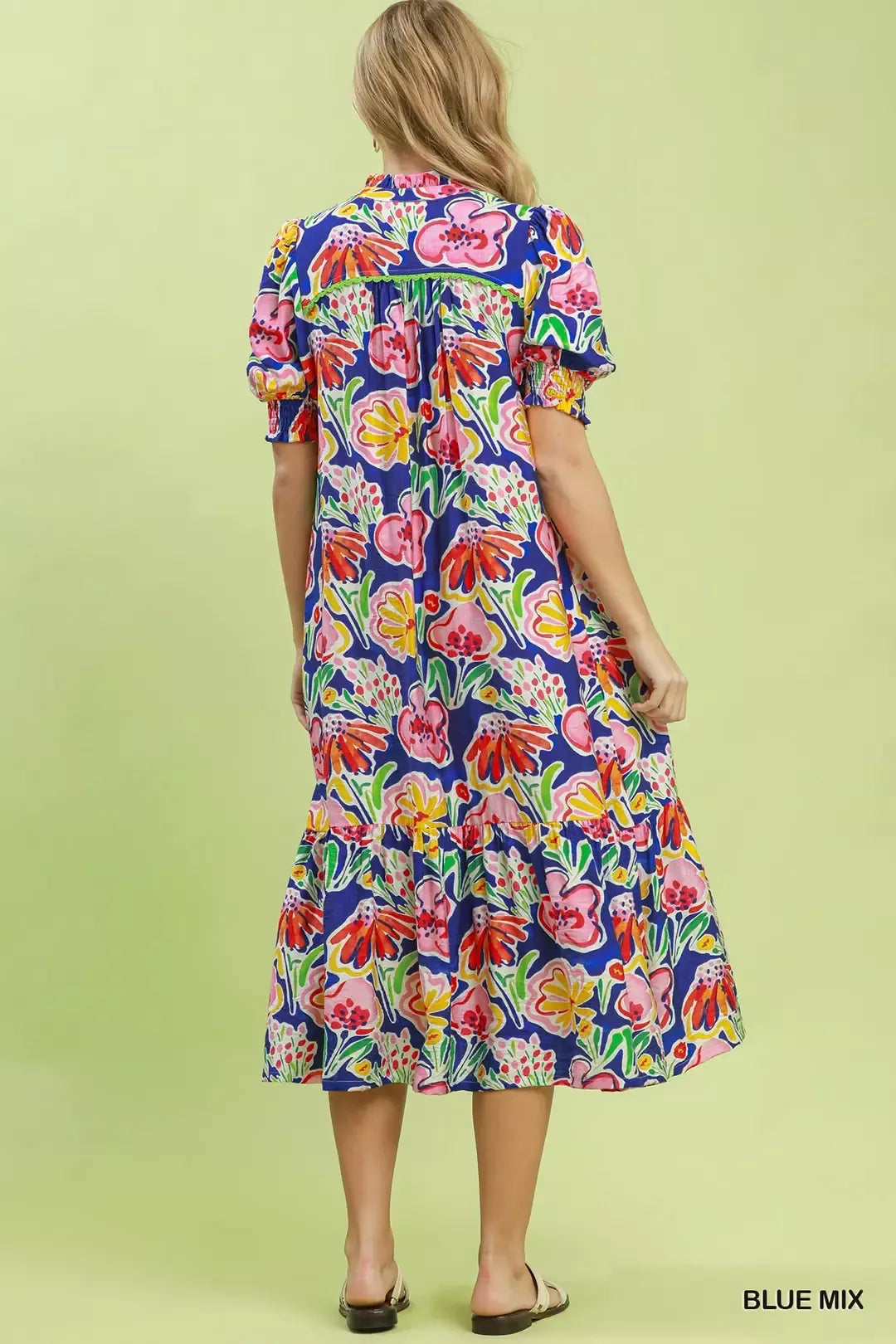 Umgee Floral Print Puff Sleeve Tiered Midi Dress view 4 (dress) - umgee green floral dress, umgee blue  - shop at us.meeeshop