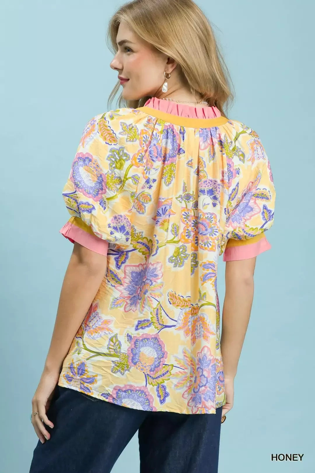 umgee floral print Umgee Floral Print Ruffled Short Sleeve Top view 3 (top) - shop at us.meeeshop