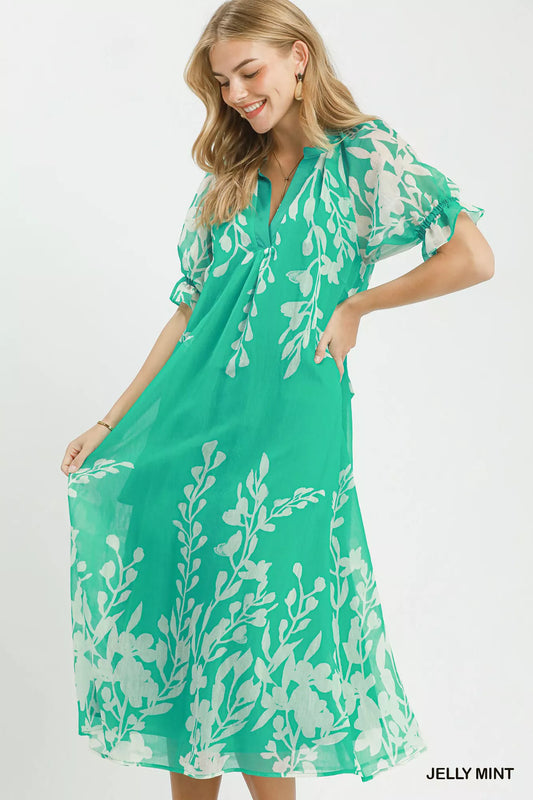 umgee floral print Umgee Floral Print Tie Waist Midi Dress with Side Pockets JELLY MINT (dress) - shop at us.meeeshop