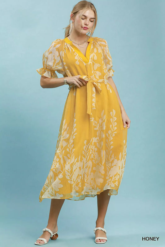 umgee floral print Umgee Floral Print Tie Waist Midi Dress with Side Pockets HONEY (dress) - shop at us.meeeshop