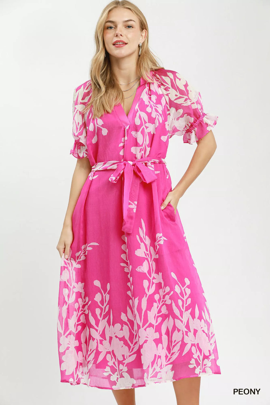 Umgee Floral Print Tie Waist Midi Dress with Side Pockets PEONY (dress) - umgee green floral dress, umg - shop at us.meeeshop