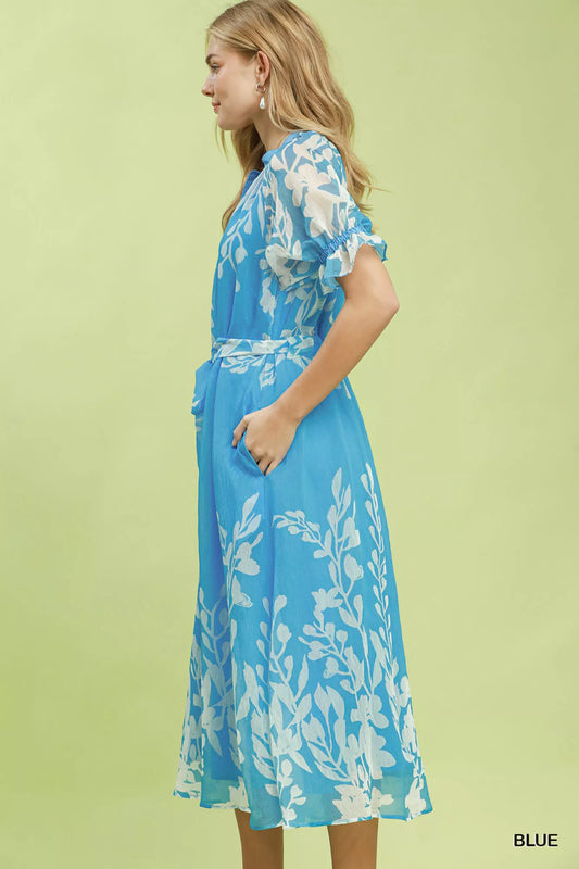 umgee floral print Umgee Floral Print Tie Waist Midi Dress with Side Pockets view 2 (dress) - shop at us.meeeshop
