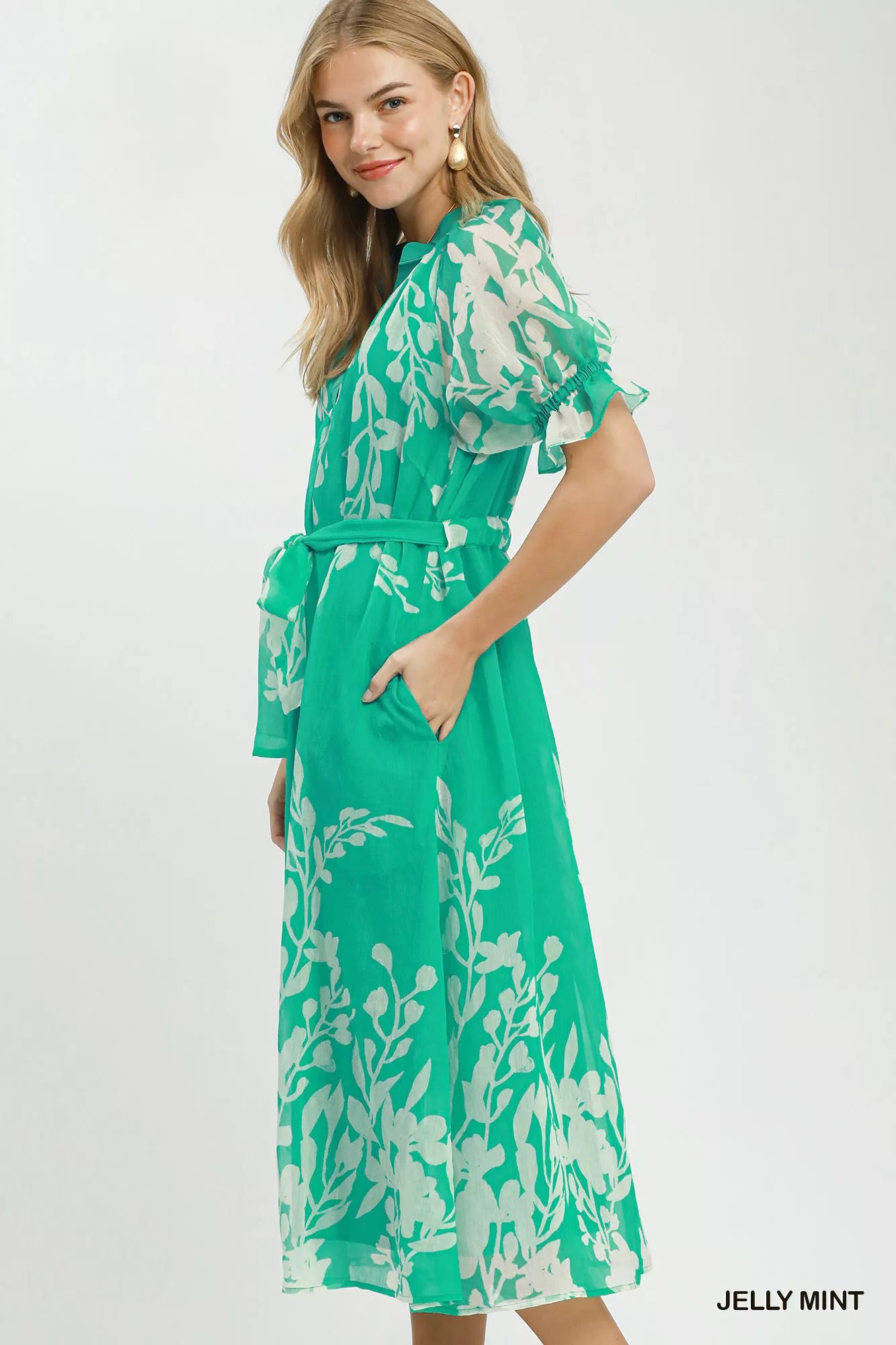 Umgee Floral Print Tie Waist Midi Dress with Side Pockets JELLY MINT view 2 (dress) - umgee green flora - shop at us.meeeshop