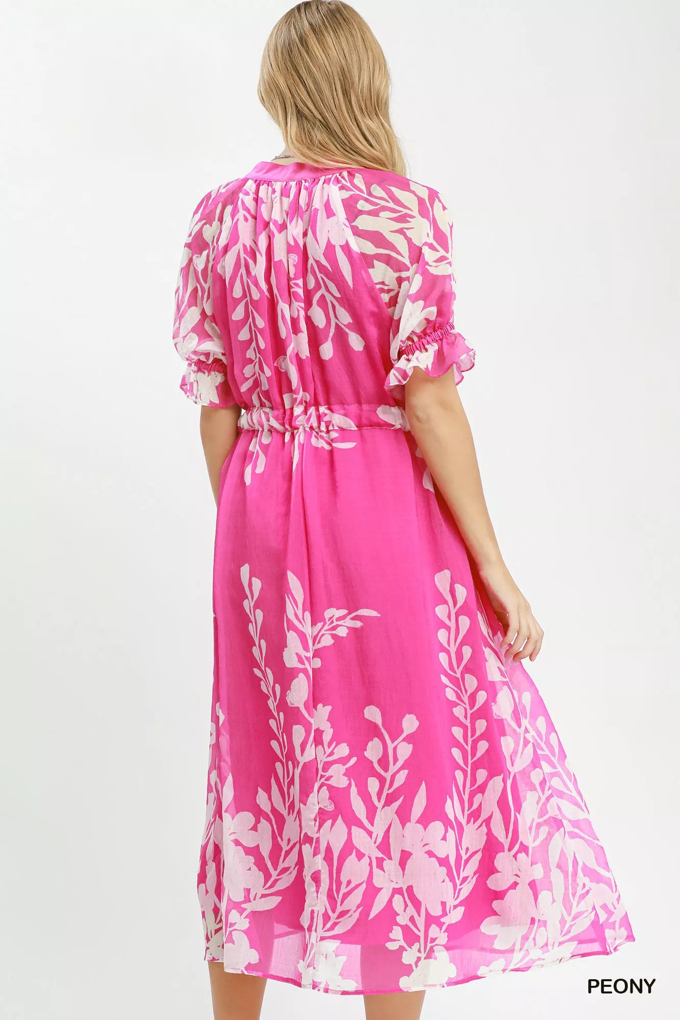 Umgee Floral Print Tie Waist Midi Dress with Side Pockets PEONY view 3 (dress) - umgee green floral dre - shop at us.meeeshop