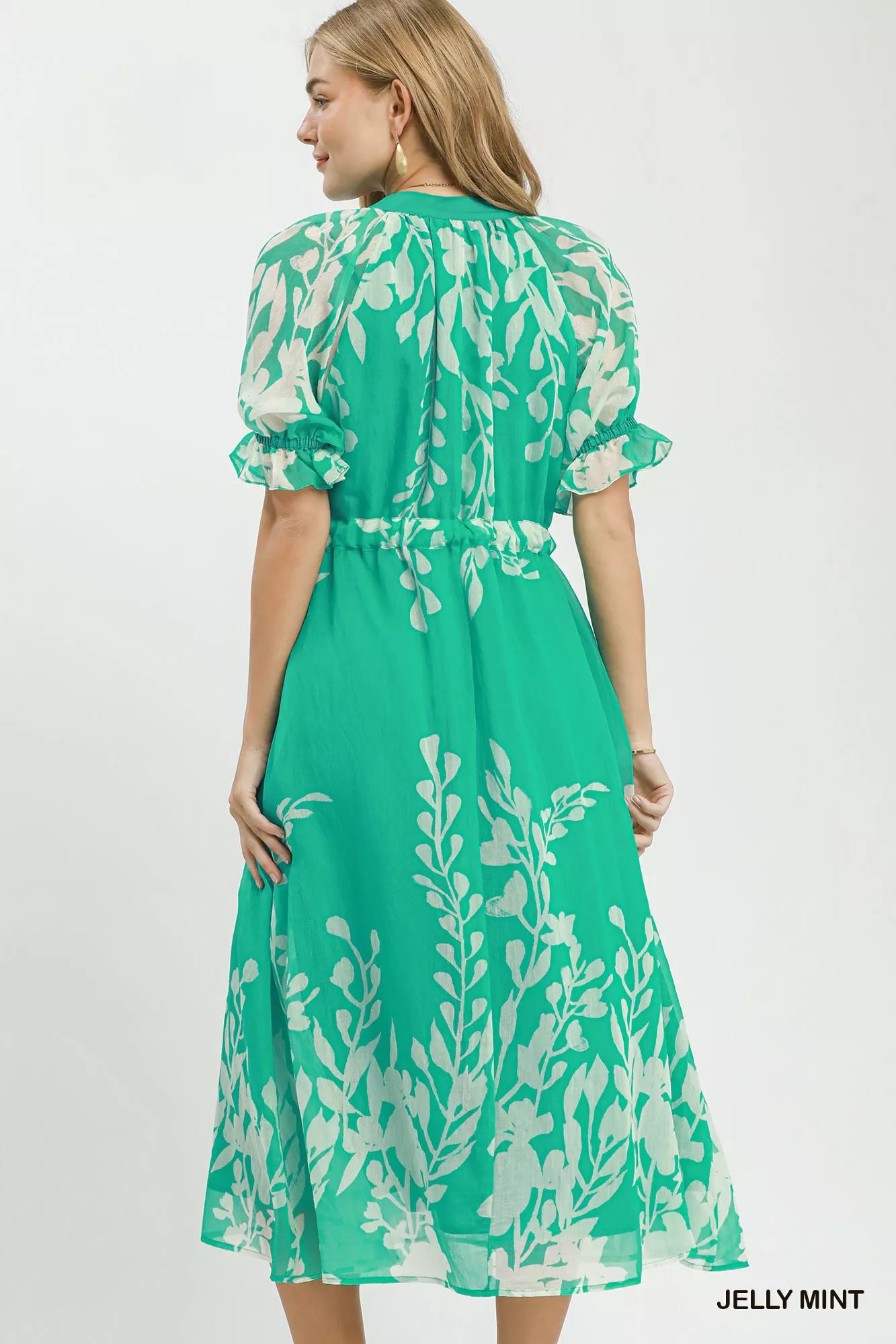 Umgee Floral Print Tie Waist Midi Dress with Side Pockets JELLY MINT view 3 (dress) - umgee green flora - shop at us.meeeshop