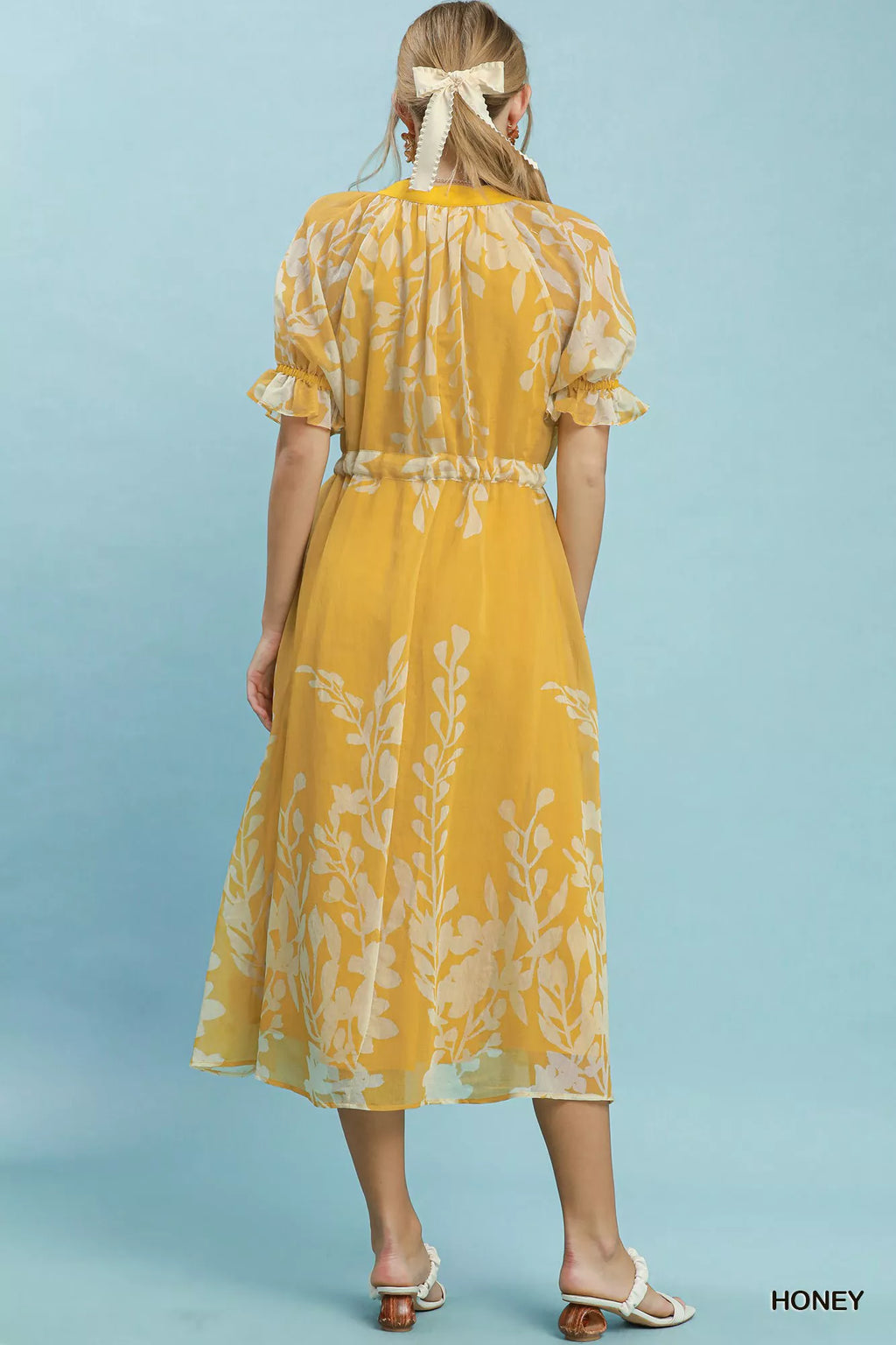 Umgee Floral Print Tie Waist Midi Dress with Side Pockets HONEY view 3 (dress) - umgee green floral dre - shop at us.meeeshop