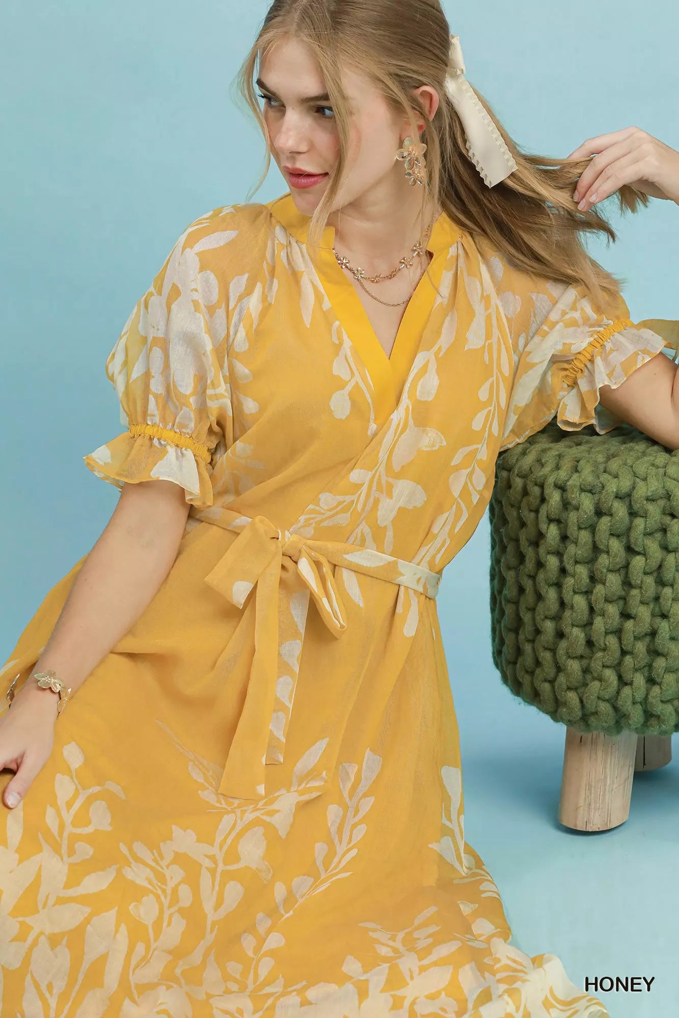 Umgee Floral Print Tie Waist Midi Dress with Side Pockets view 4 (dress) - umgee green floral dress, um - shop at us.meeeshop