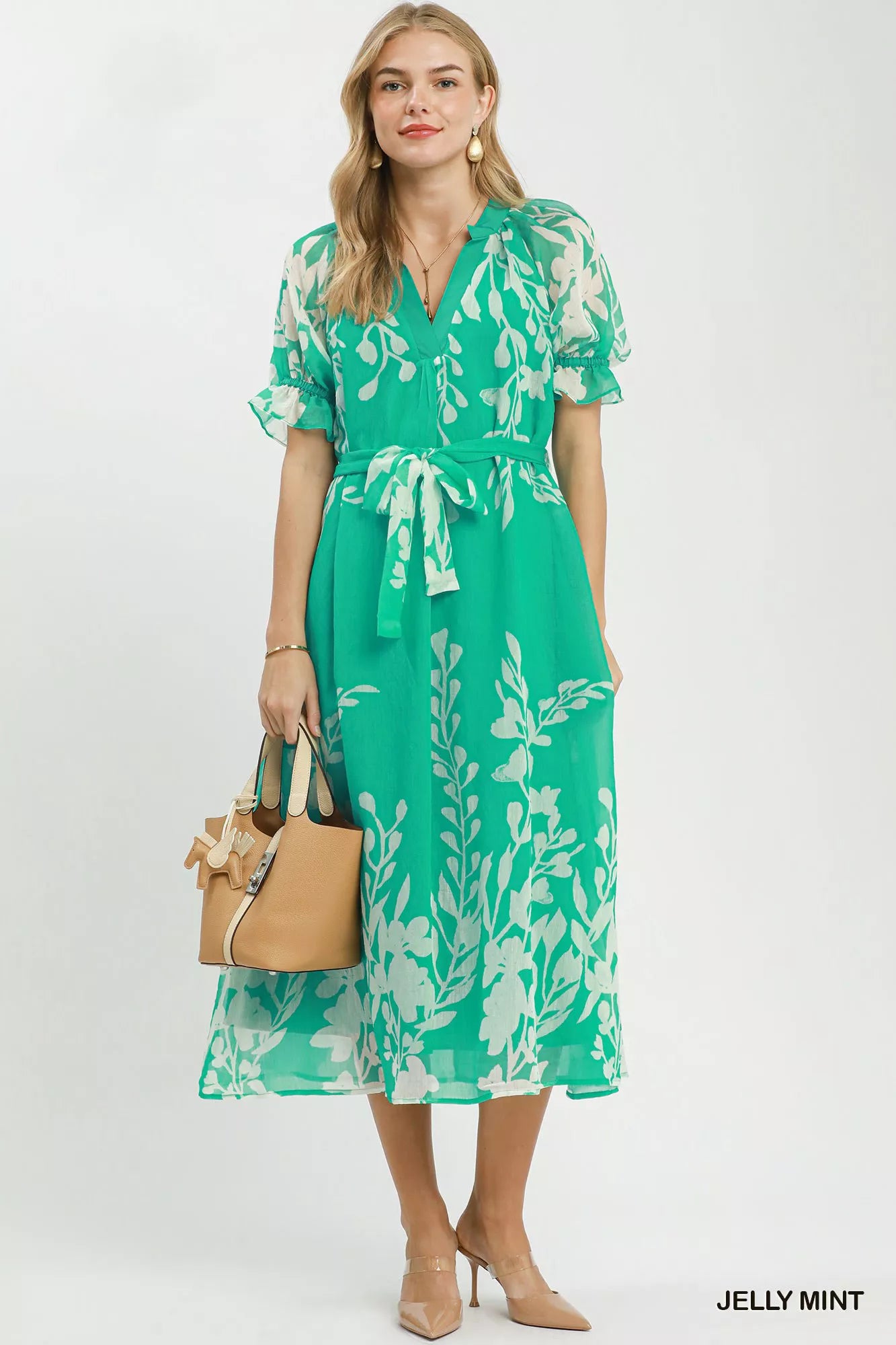 Umgee Floral Print Tie Waist Midi Dress with Side Pockets view 5 (dress) - umgee green floral dress, um - shop at us.meeeshop