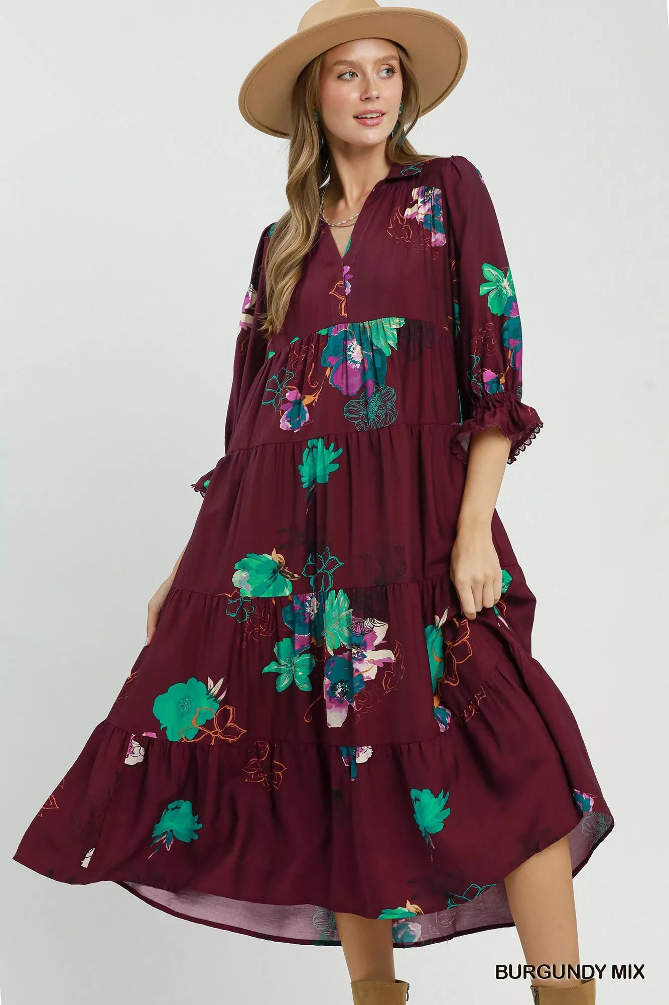 umgee floral print Umgee Floral Print Tiered Midi Dress with Puff Sleeves BURGUNDY MIX (dress) - shop at us.meeeshop