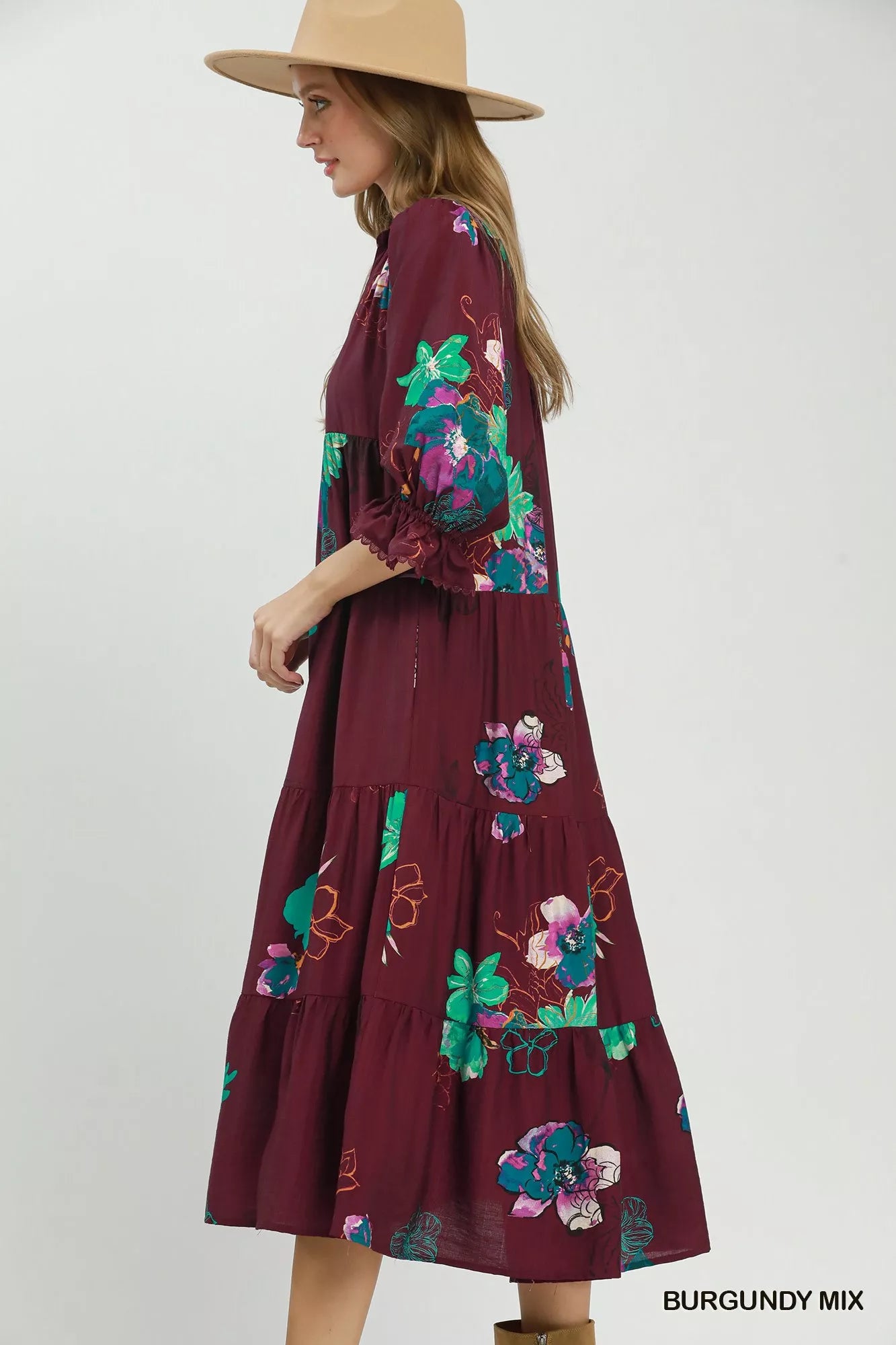umgee floral print Umgee Floral Print Tiered Midi Dress with Puff Sleeves view 2 (dress) - shop at us.meeeshop