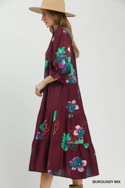 umgee floral print Umgee Floral Print Tiered Midi Dress with Puff Sleeves view 2 (dress) - shop at us.meeeshop