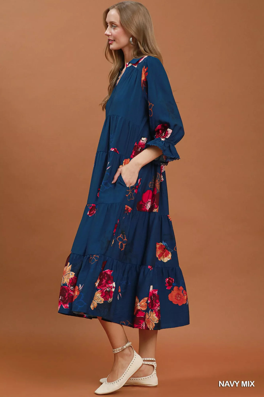 umgee floral print Umgee Floral Print Tiered Midi Dress with Puff Sleeves view 2 (dress) - shop at us.meeeshop