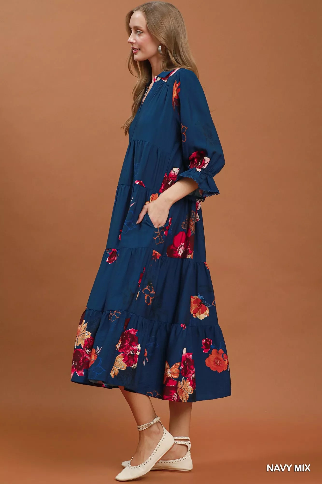 umgee floral print Umgee Floral Print Tiered Midi Dress with Puff Sleeves view 2 (dress) - shop at us.meeeshop