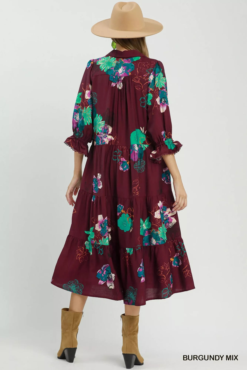 Umgee Floral Print Tiered Midi Dress with Puff Sleeves BURGUNDY MIX view 3 (dress) - umgee green floral - shop at us.meeeshop