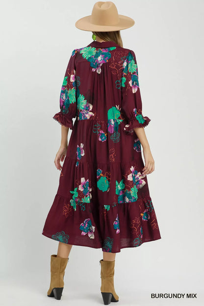 umgee floral print Umgee Floral Print Tiered Midi Dress with Puff Sleeves view 3 (dress) - shop at us.meeeshop