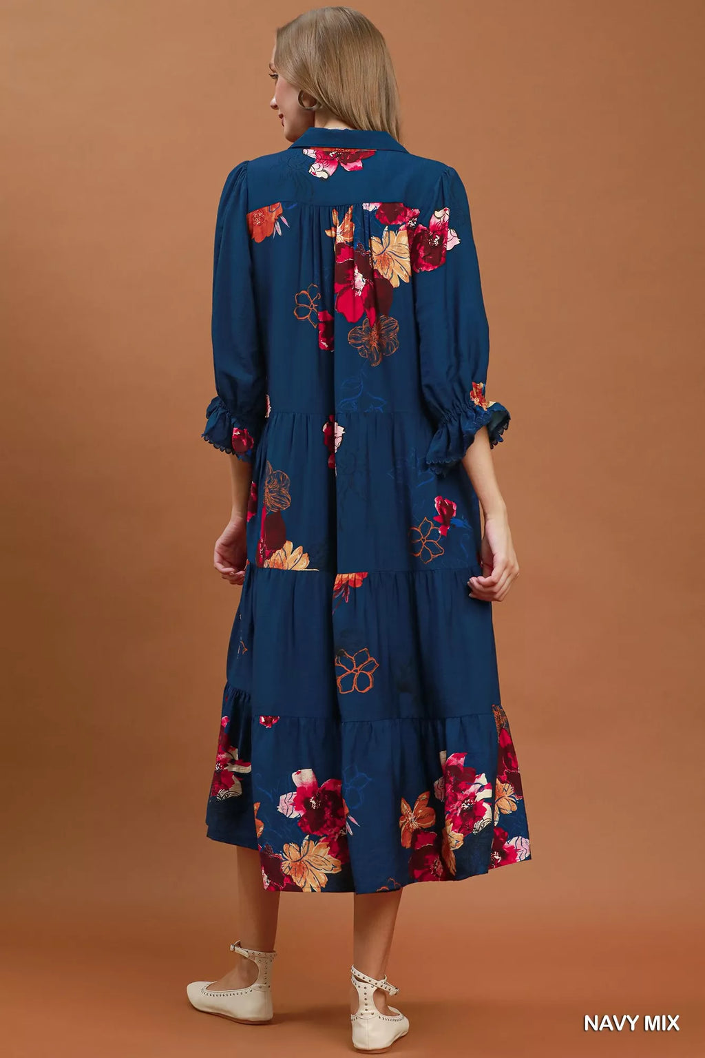 umgee floral print Umgee Floral Print Tiered Midi Dress with Puff Sleeves view 3 (dress) - shop at us.meeeshop