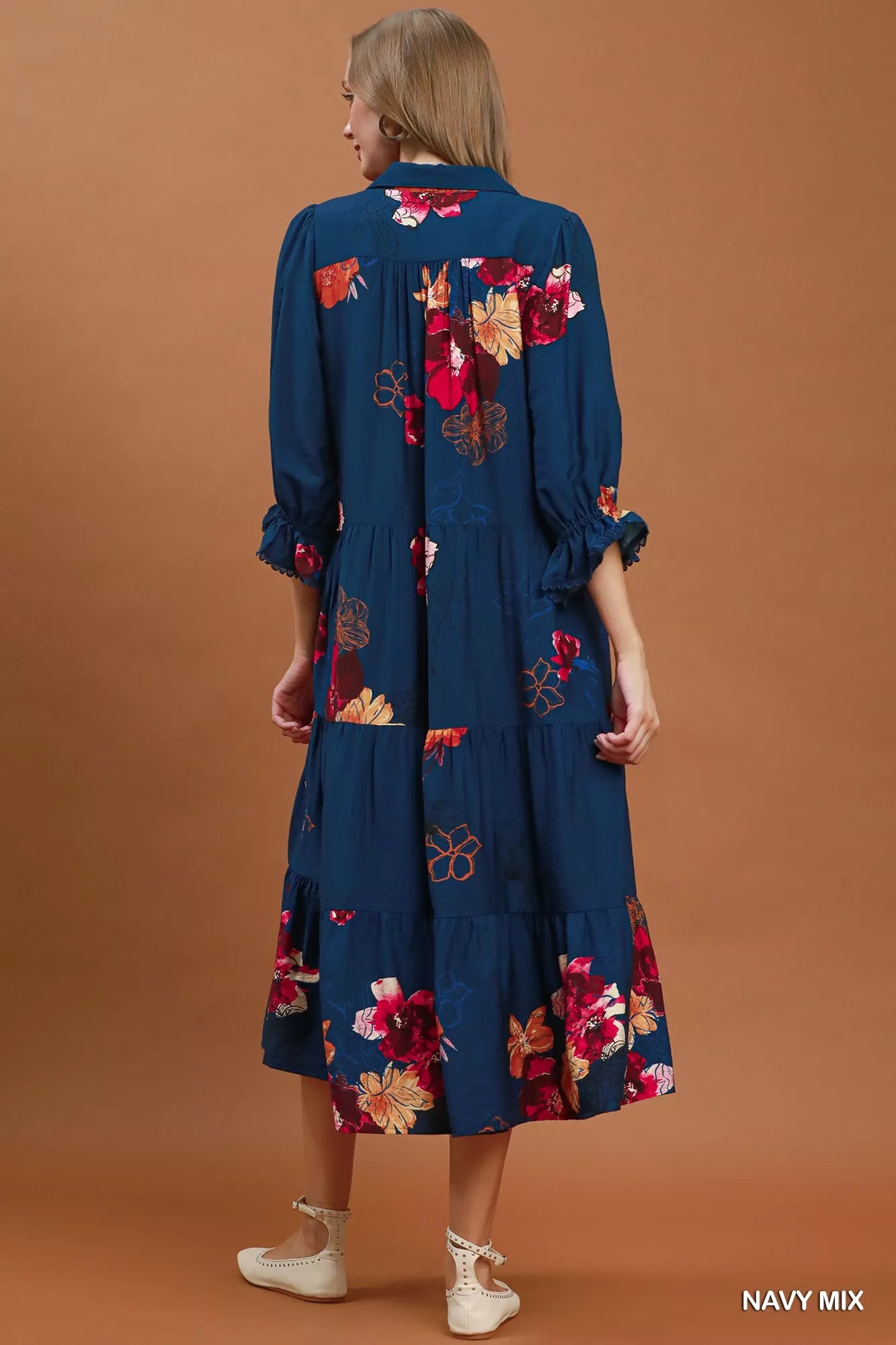 umgee floral print Umgee Floral Print Tiered Midi Dress with Puff Sleeves view 3 (dress) - shop at us.meeeshop