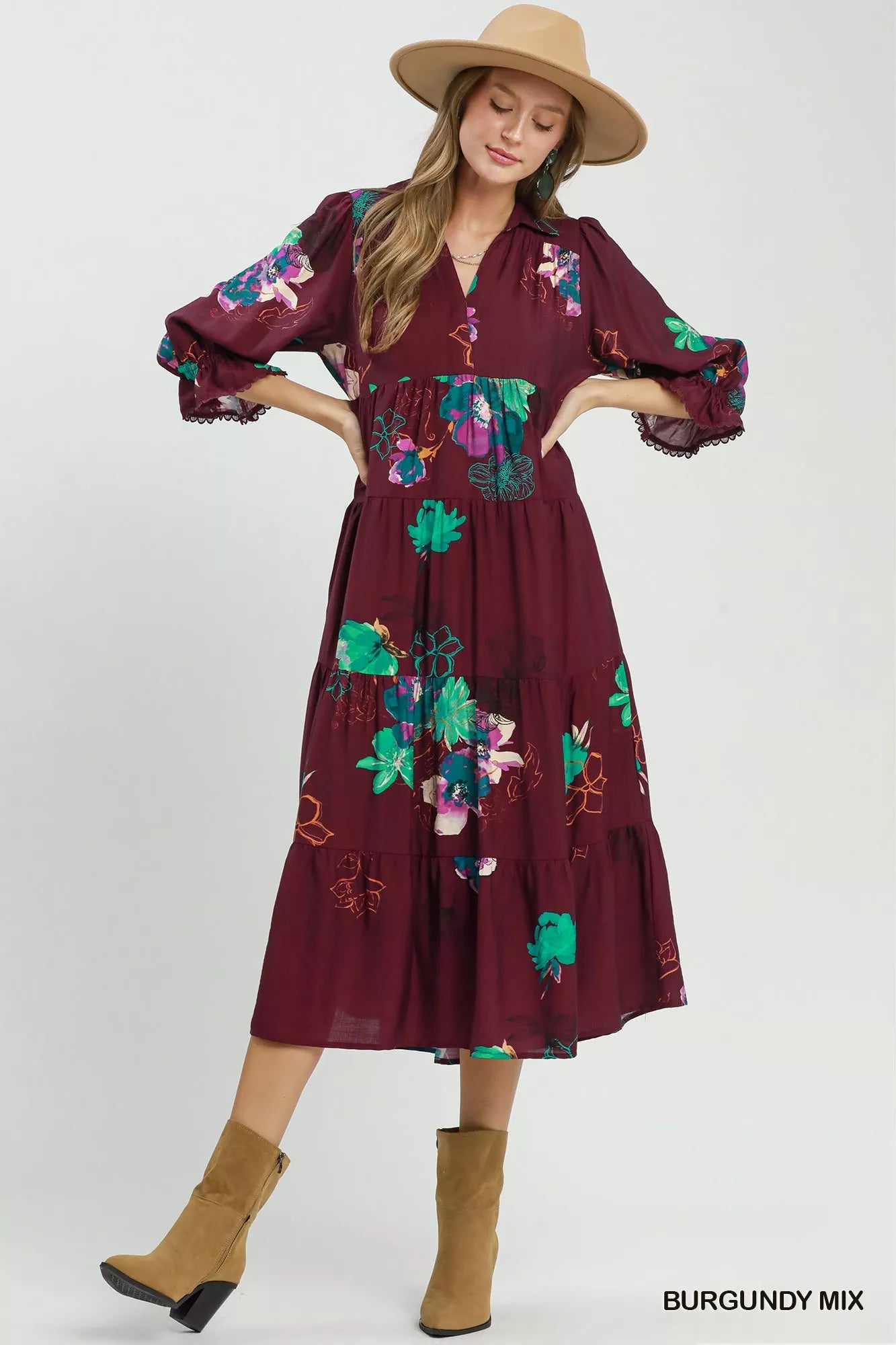 umgee floral print Umgee Floral Print Tiered Midi Dress with Puff Sleeves view 4 (dress) - shop at us.meeeshop