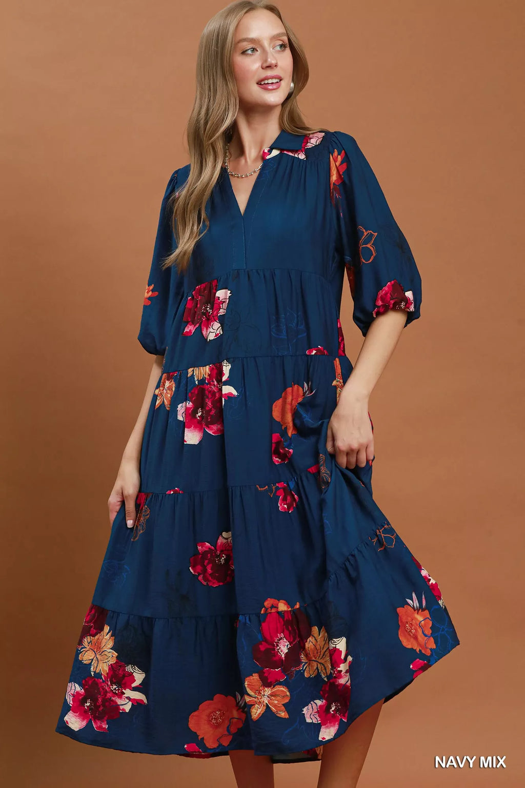 umgee floral print Umgee Floral Print Tiered Midi Dress with Puff Sleeves view 4 (dress) - shop at us.meeeshop