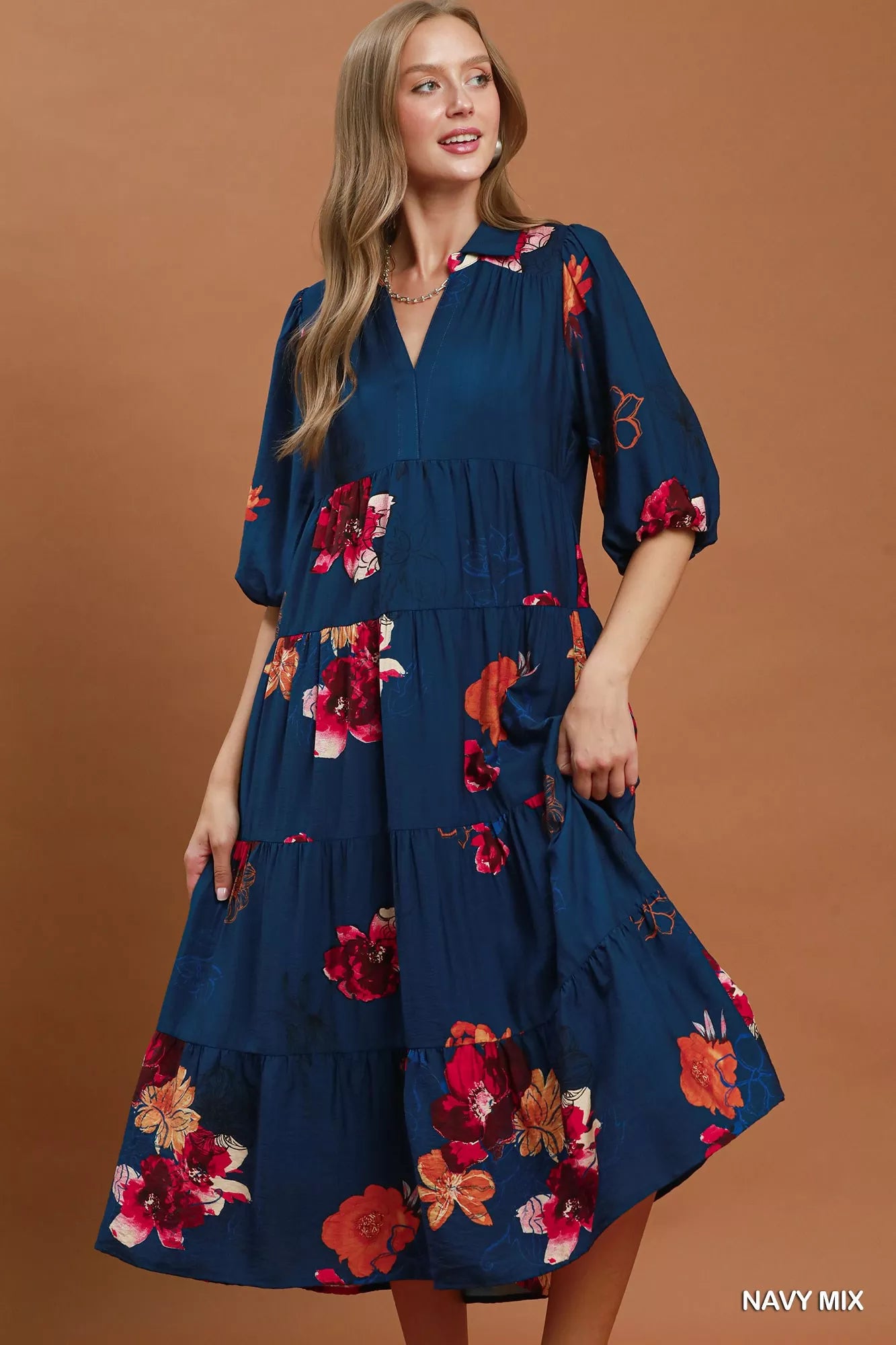 umgee floral print Umgee Floral Print Tiered Midi Dress with Puff Sleeves view 4 (dress) - shop at us.meeeshop